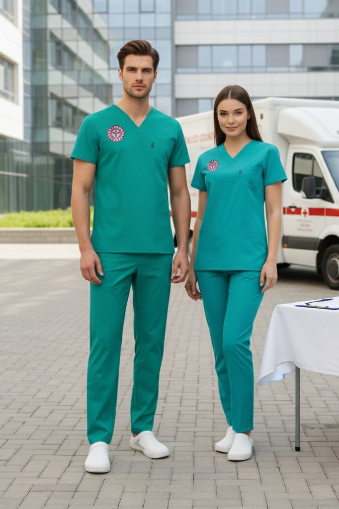 Turkuaz Aile Sağlığı Çalışan Forması Likralı Scrubs Takım (Yeni Yönetmeliğe Uygun - Bermuda) - Class ÜniformaMedikal Scrubs