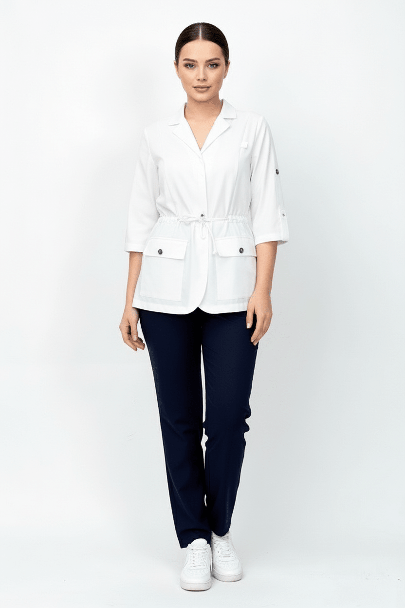 L I S B O N | Beyaz & Lacivert Premium Likralı Ceket Üniforma Takım - Class ÜniformaMedikal Scrubs