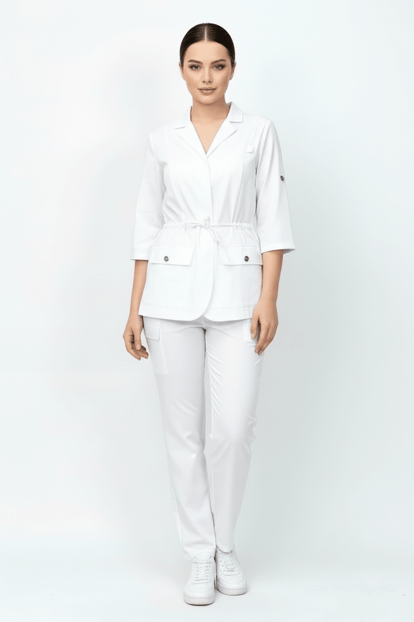 L I S B O N | Beyaz Premium Likralı Ceket Üniforma Takım - Class ÜniformaMedikal Scrubs