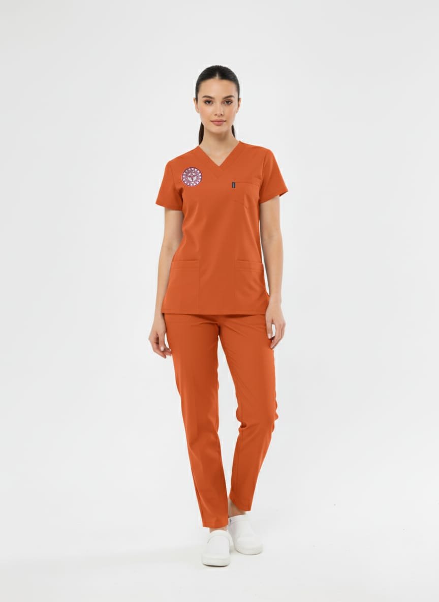 Turuncu Klinik Destek İşçi Forması Likralı Scrubs Takım (Yeni Yönetmeliğe Uygun - Orange Ochre) - Class ÜniformaMedikal Scrubs