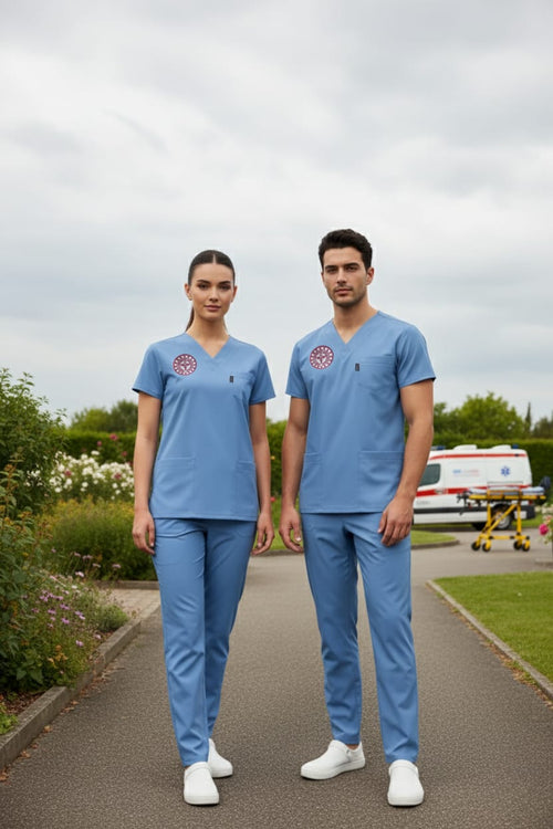 Alaska Mavisi Doktor Hekim Forması Likralı Scrubs Takım (Yeni Yönetmeliğe Uygun - Alaskan Blue) - Class ÜniformaMedikal Scrubs