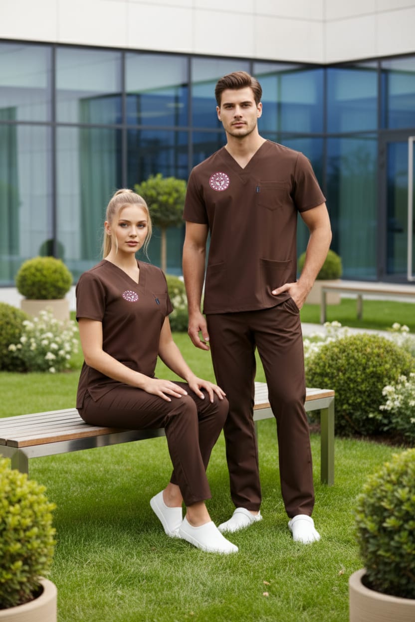 Kahverengi Diğer Sağlık Meslek Mensupları Hastane Forması Likralı Scrubs Takım (Yeni Yönetmeliğe Uygun - Friar Brown) - Class ÜniformaMedikal Scrubs