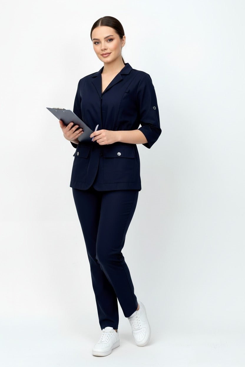 L I S B O N | Lacivert Premium Likralı Ceket Üniforma Takım - Class ÜniformaMedikal Scrubs