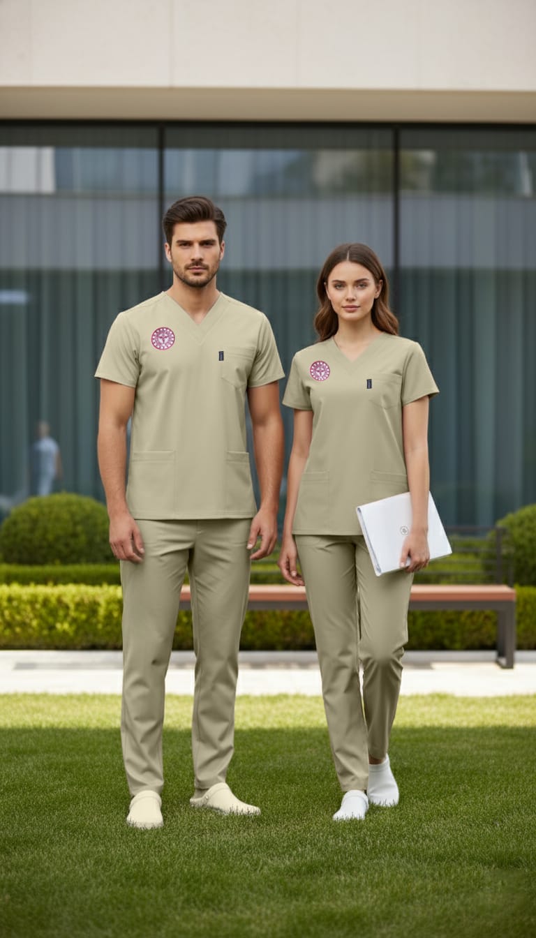 Bej Sağlık Teknisyen, Tekniker Forması Likralı Scrubs Takım (Yeni Yönetmeliğe Uygun - Moth) - Class ÜniformaMedikal Scrubs