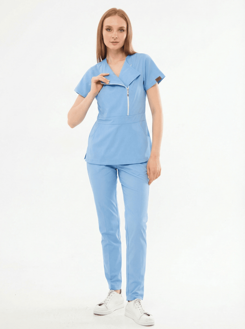 K I E V | Bebe Mavisi Lüks Likralı Hemşire Üniforması - Class ÜniformaMedikal Scrubs