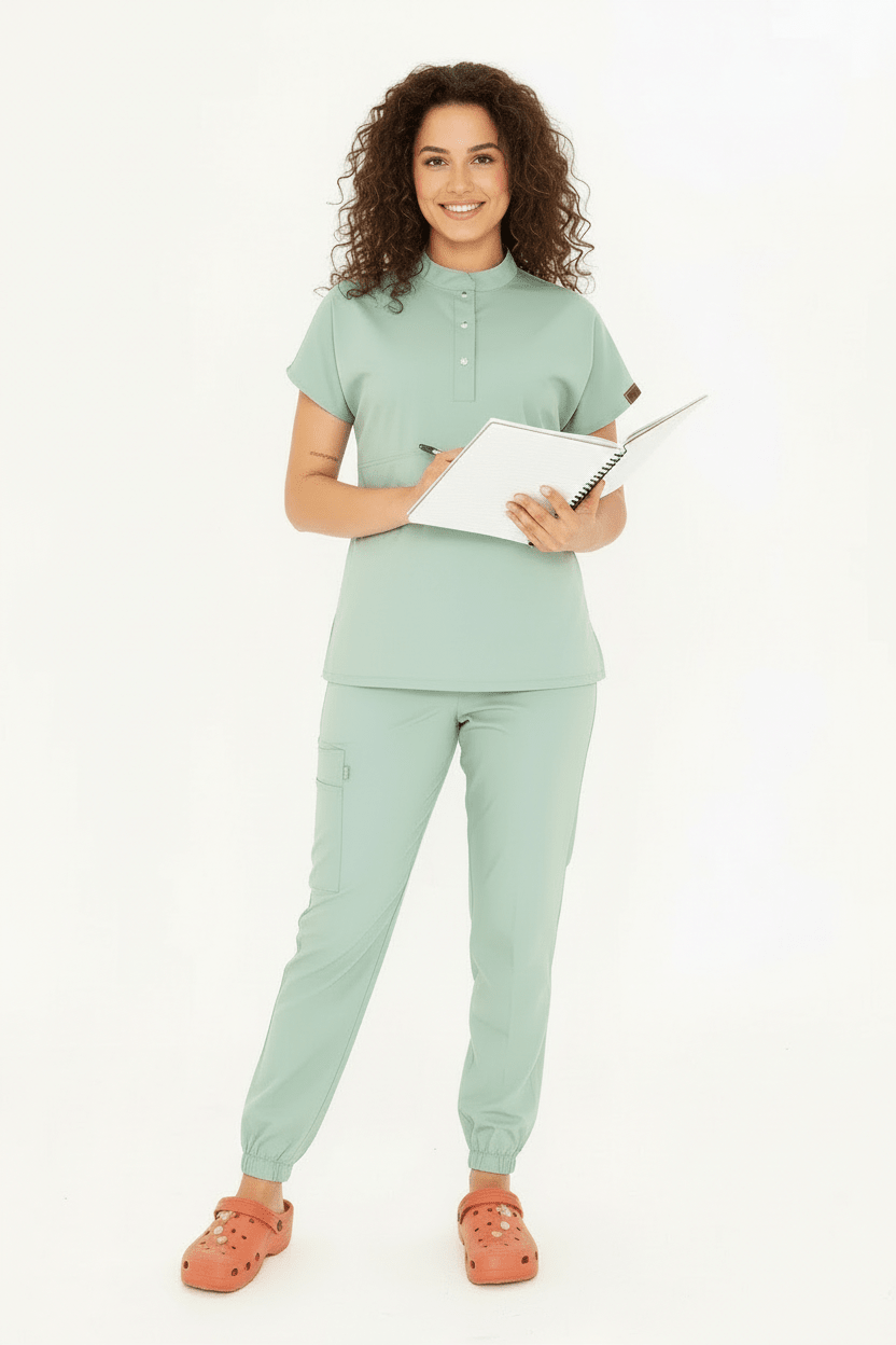 N O V A | Çağla Yeşili LASTİKLİ PAÇA Likralı Hakim Yaka Yarım Çıtçıtlı Hemşire Ve Doktor Forması Scrubs - Class ÜniformaMedikal Scrubs