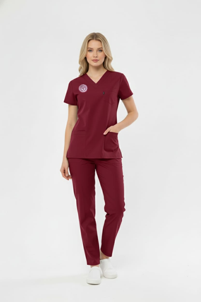 Bordo Lisans-Lisansüstü Hastane Forması Likralı Scrubs Takım(Yeni Yönetmeliğe Uygun - Biking Red) - Class ÜniformaMedikal Scrubs