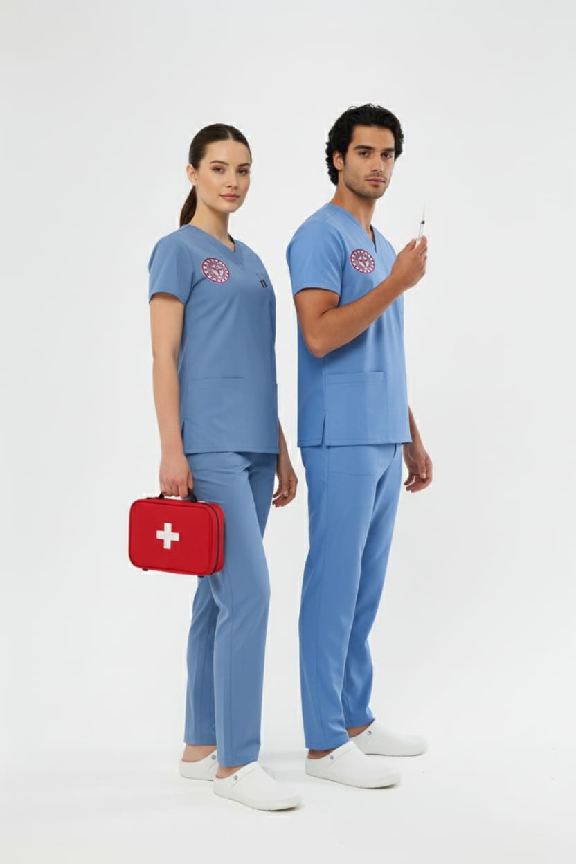 Alaska Mavisi Doktor Hekim Forması Likralı Scrubs Takım (Yeni Yönetmeliğe Uygun - Alaskan Blue) - Class ÜniformaMedikal Scrubs