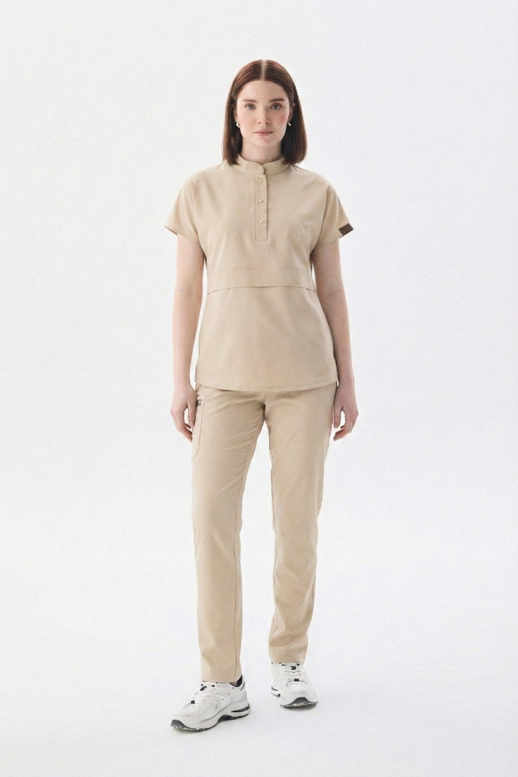 N O V A | Bej Düz Paça Pantolon Premium Likralı Üniforma Takımı - Class ÜniformaMedikal Scrubs