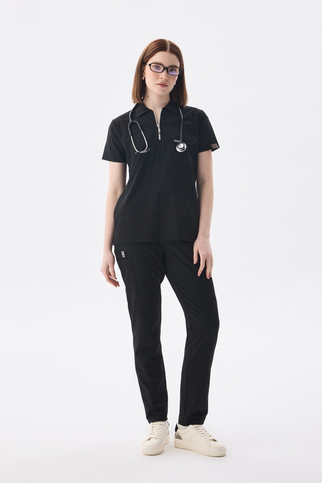 Polo Yaka Siyah Kadın Medikal Üniforma Scrubs Takımı - Class ÜniformaMedikal Scrubs