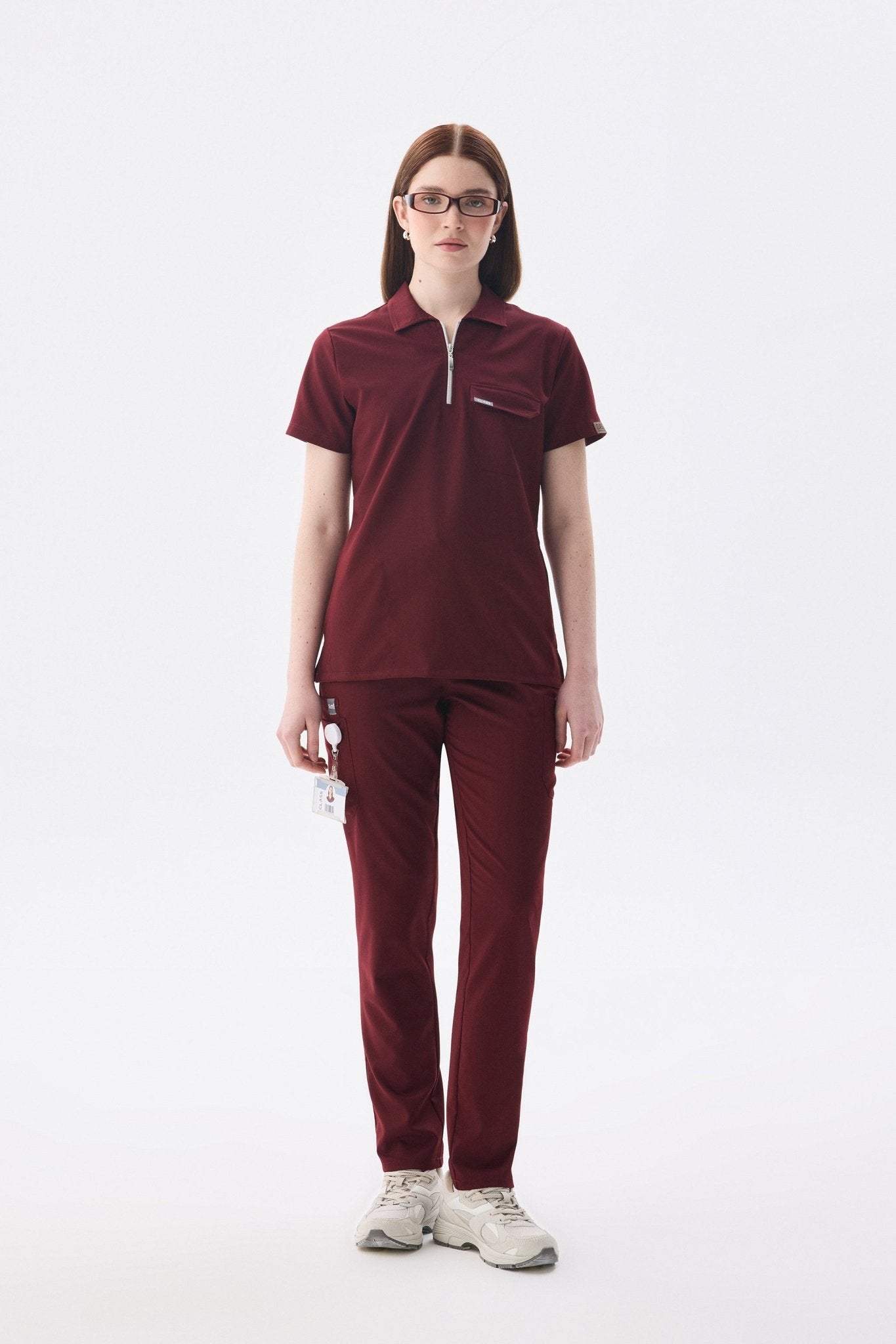 Polo Yaka Bordo Kadın Medikal Üniforma Scrubs - Class ÜniformaMedikal Scrubs