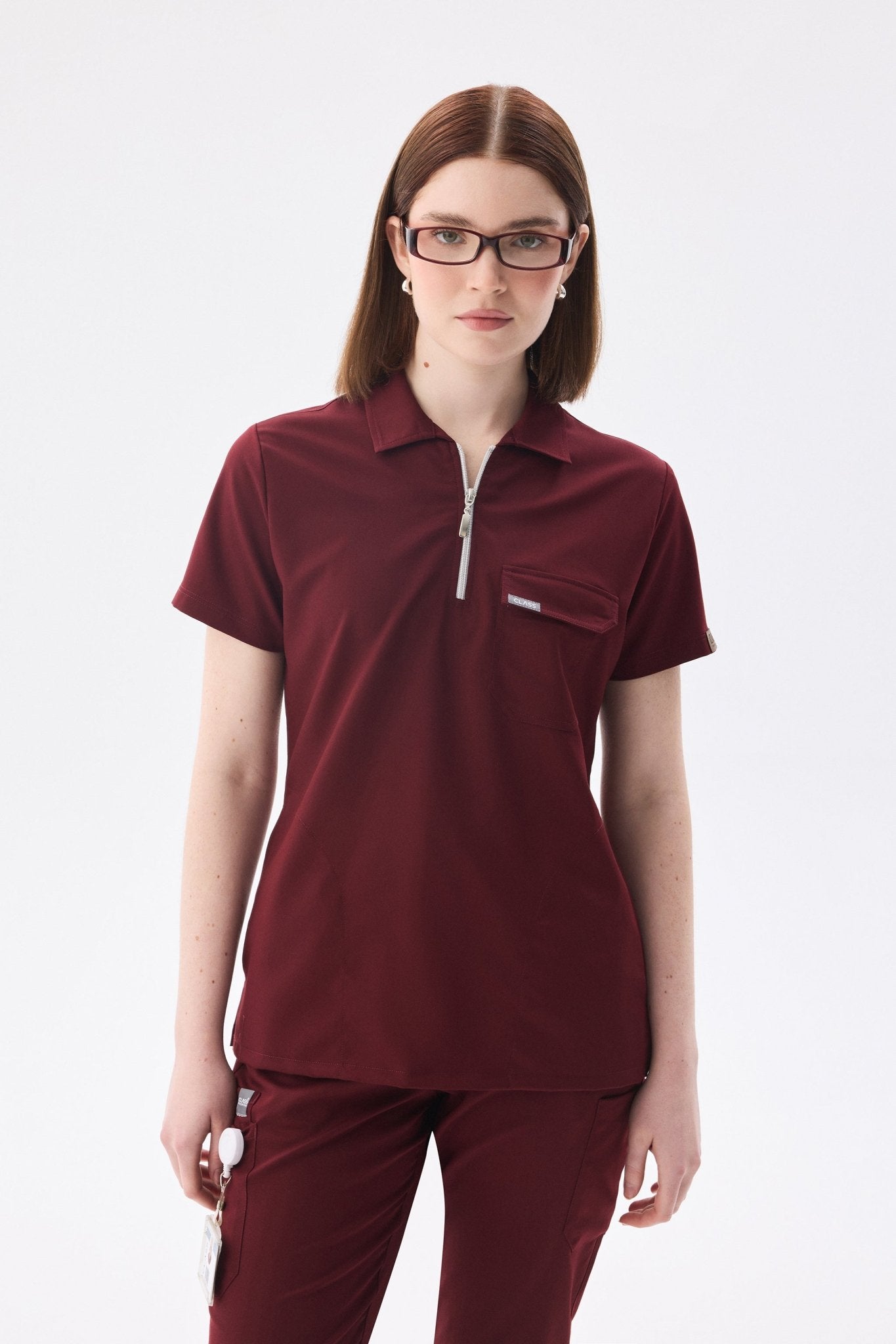Polo Yaka Bordo Kadın Medikal Üniforma Scrubs - Class ÜniformaMedikal Scrubs