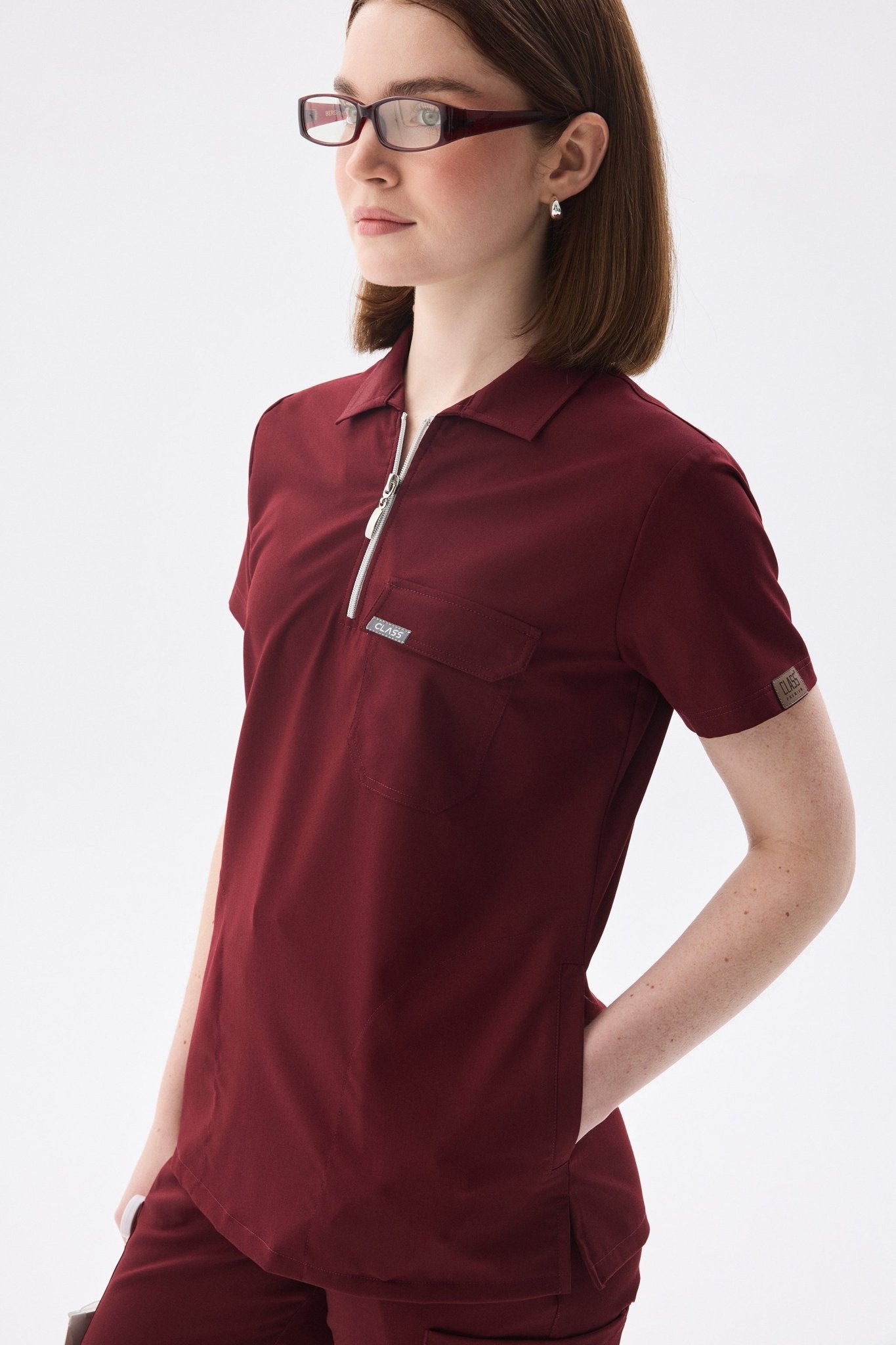 Polo Yaka Bordo Kadın Medikal Üniforma Scrubs - Class ÜniformaMedikal Scrubs