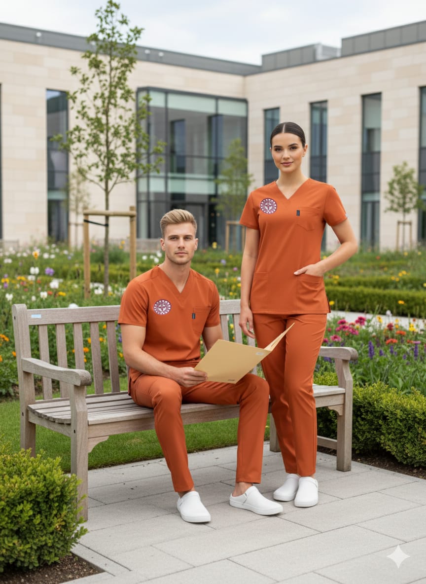 Turuncu Klinik Destek İşçi Forması Likralı Scrubs Takım (Yeni Yönetmeliğe Uygun - Orange Ochre) - Class ÜniformaMedikal Scrubs