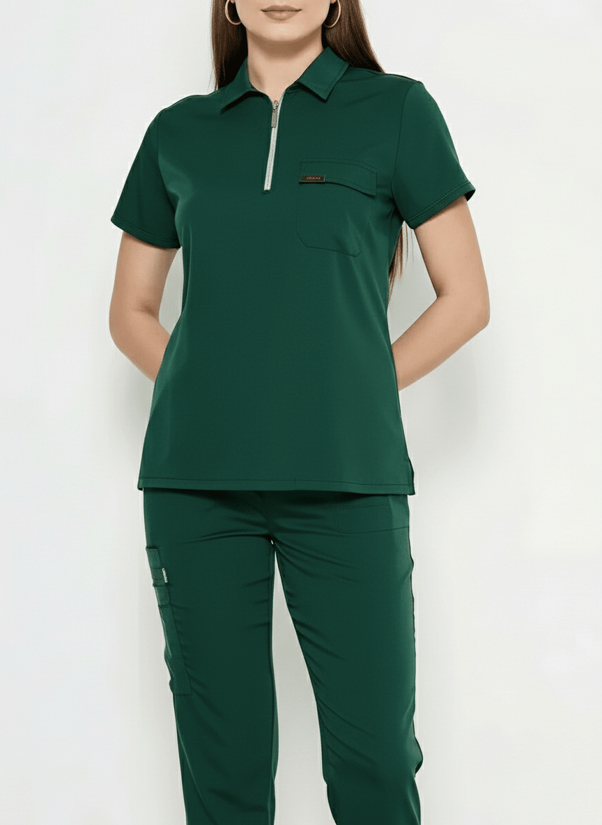 Polo Yaka Avcı Yeşili Kadın Medikal Üniforma Scrubs - Class ÜniformaMedikal Scrubs