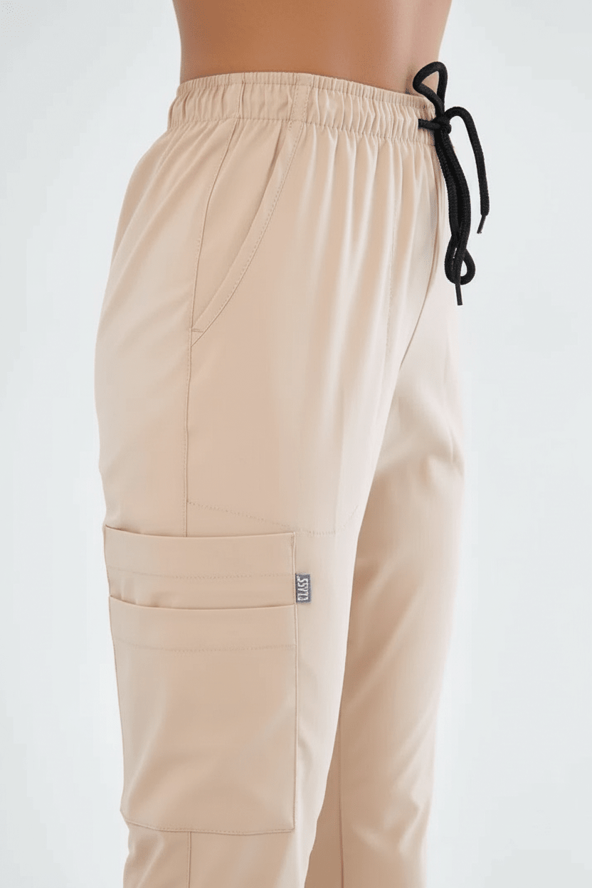 N O V A | Bej Premium Likralı Üniforma Takımı - Lastikli Paça - Class ÜniformaMedikal Scrubs