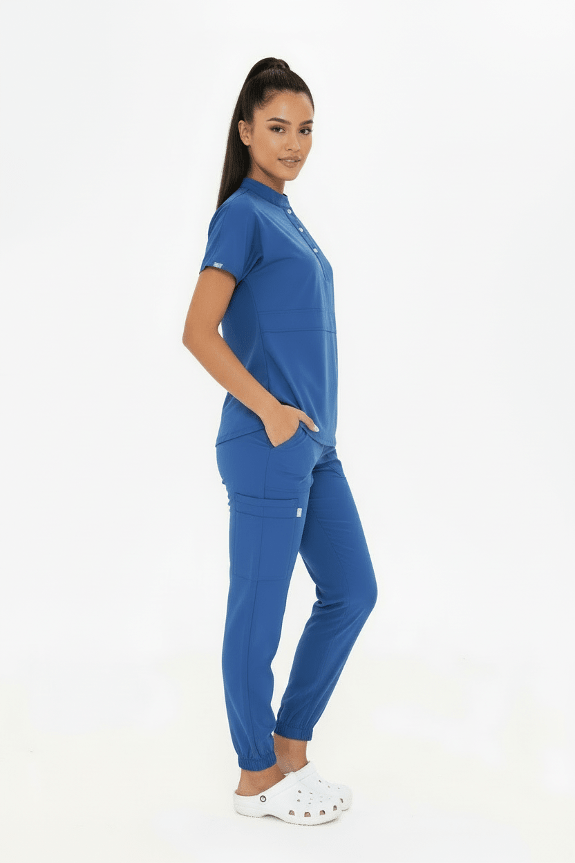 N O V A | Fırtına Mavi Lastikli Paça Kadın Likralı Hakim Yaka Yarım Pat Çıtçıtlı Hemşire Ve Doktor Forması Scrubs - Class ÜniformaMedikal Scrubs
