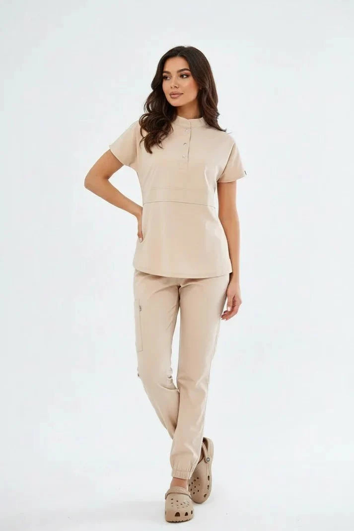 N O V A | Bej Premium Likralı Üniforma Takımı - Lastikli Paça - Class ÜniformaMedikal Scrubs