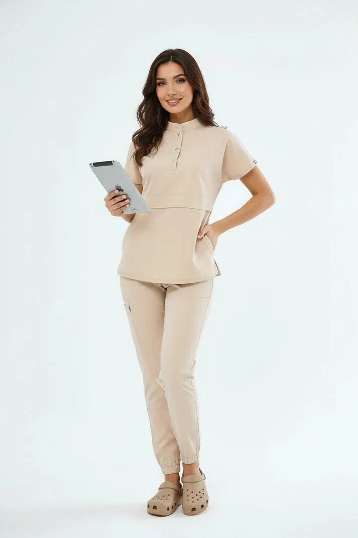 N O V A | Bej Premium Likralı Üniforma Takımı - Lastikli Paça - Class ÜniformaMedikal Scrubs