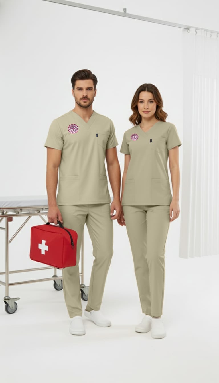 Bej Sağlık Teknisyen, Tekniker Forması Likralı Scrubs Takım (Yeni Yönetmeliğe Uygun - Moth) - Class ÜniformaMedikal Scrubs