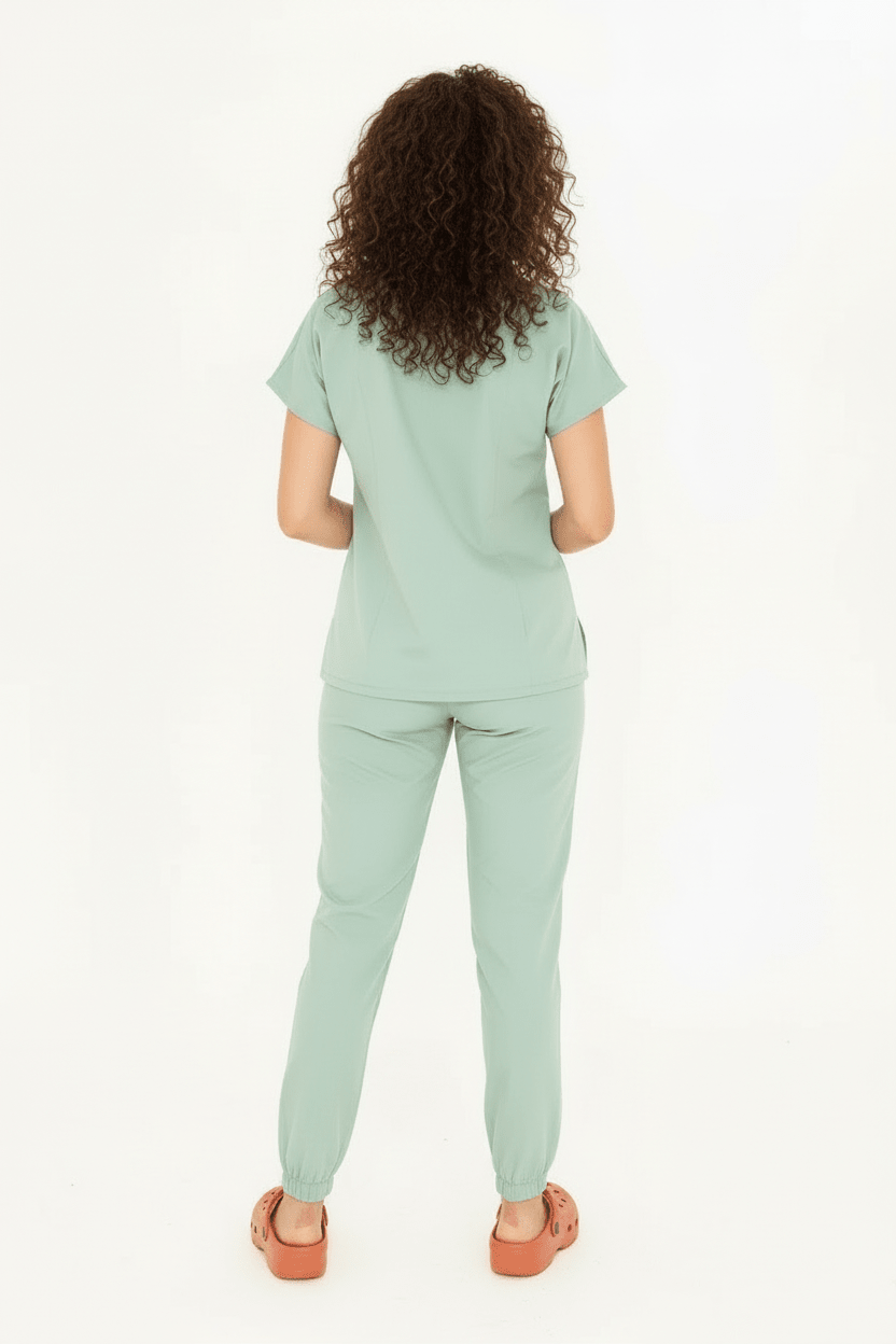 N O V A | Çağla Yeşili LASTİKLİ PAÇA Likralı Hakim Yaka Yarım Çıtçıtlı Hemşire Ve Doktor Forması Scrubs - Class ÜniformaMedikal Scrubs