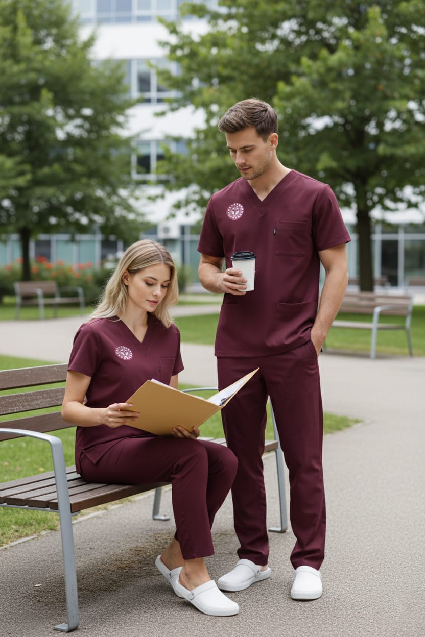 Bordo Lisans-Lisansüstü Hastane Forması Likralı Scrubs Takım(Yeni Yönetmeliğe Uygun - Biking Red) - Class ÜniformaMedikal Scrubs
