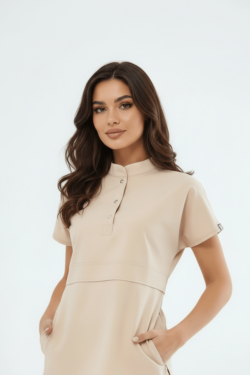 N O V A | Bej Premium Likralı Üniforma Takımı - Lastikli Paça - Class ÜniformaMedikal Scrubs