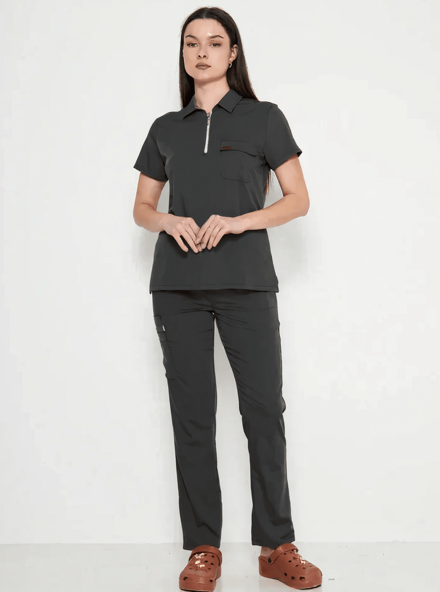Polo Yaka Antrasit  Kadın Medikal Üniforma Scrubs - Class ÜniformaMedikal Scrubs