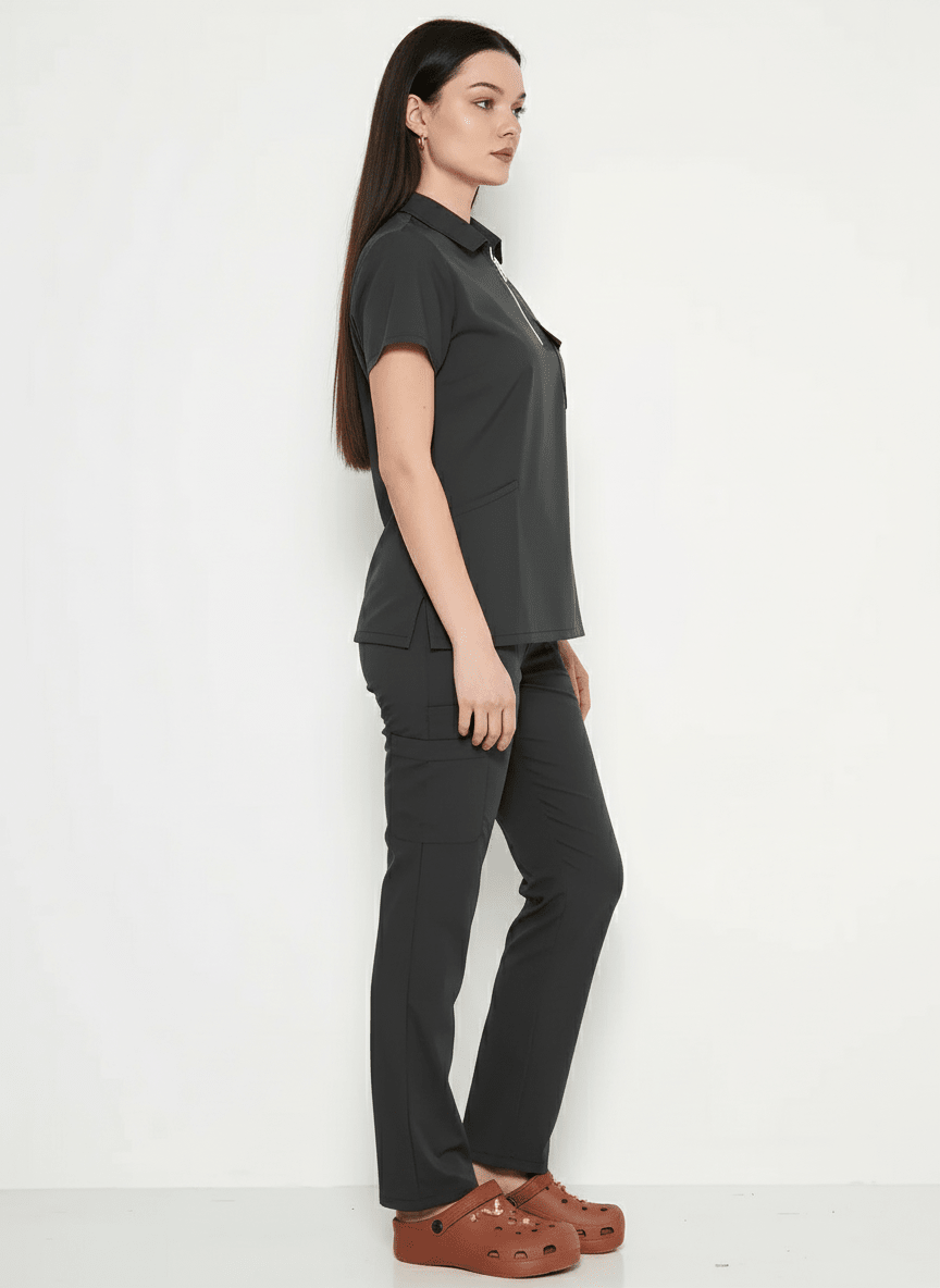 Polo Yaka Antrasit  Kadın Medikal Üniforma Scrubs - Class ÜniformaMedikal Scrubs