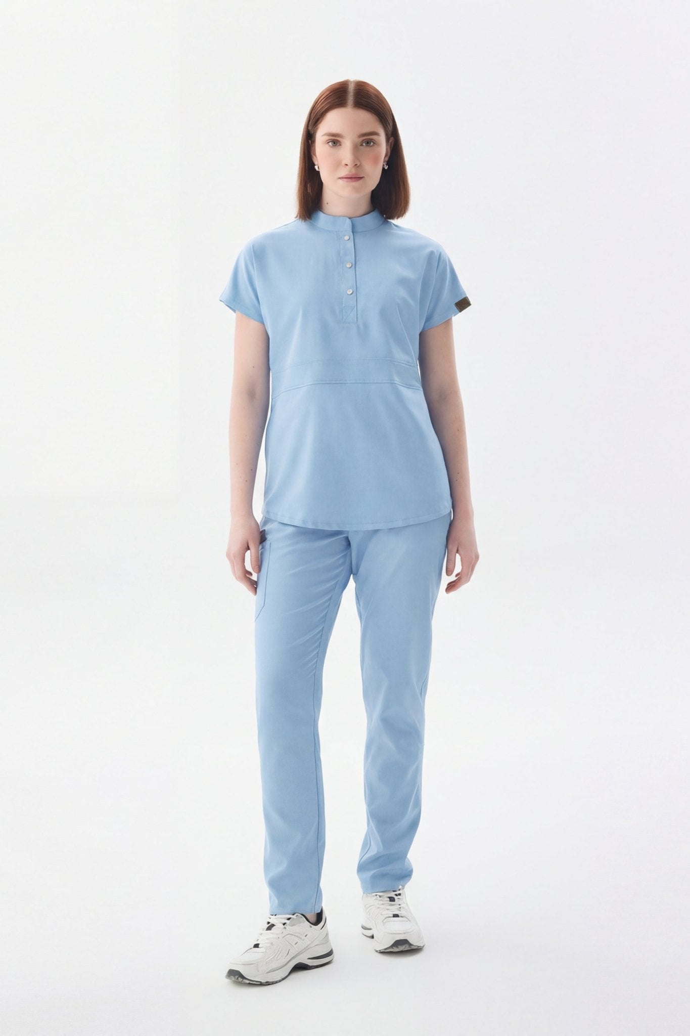 N O V A | Bebe Mavisi Kadın Likralı Hakim Yaka Yarım Pat Çıtçıtlı Hemşire Ve Doktor Forması Scrubs - Class ÜniformaMedikal Scrubs