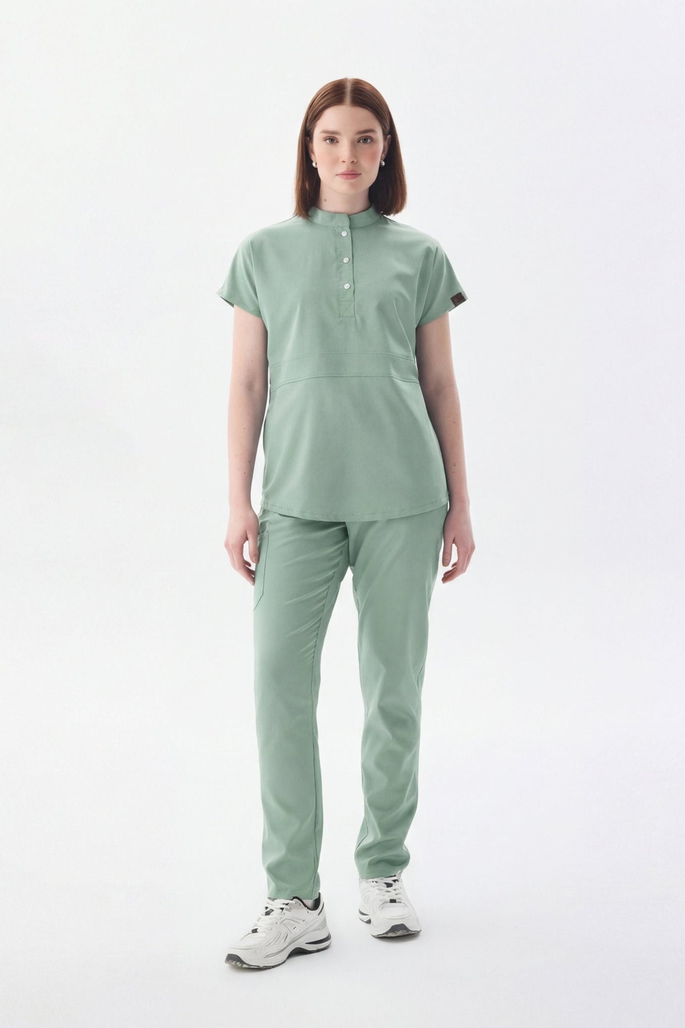 N O V A | Çağla Yeşili Düz Paça Pantolon Likralı Hakim Yaka Yarım Çıtçıtlı Hemşire Ve Doktor Forması Scrubs - Class ÜniformaMedikal Scrubs