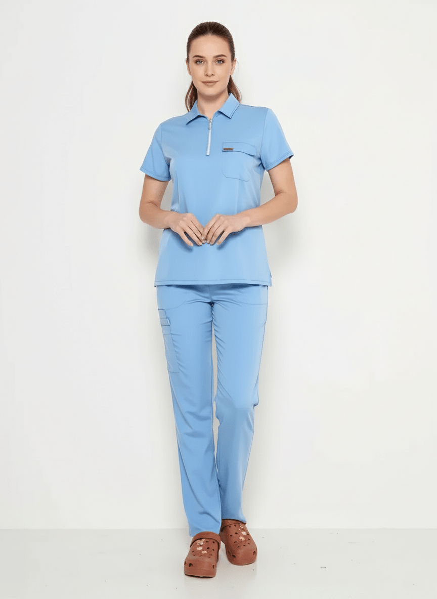 Polo Yaka Bebe Mavisi Kadın Medikal Üniforma Scrubs - Class ÜniformaMedikal Scrubs